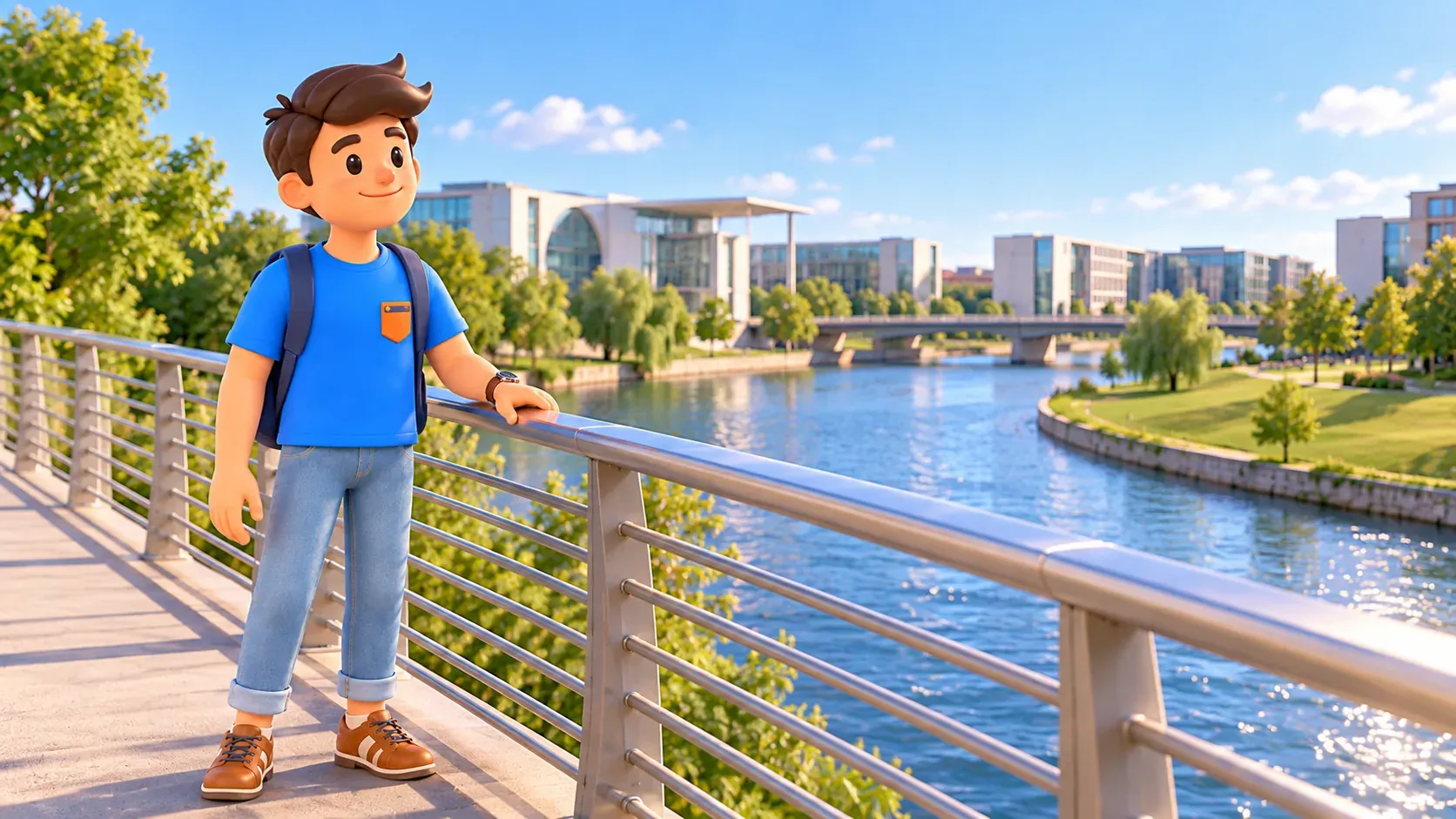 Illustration of a traveller beside a pedestrian bridge railing in a riverside scene inspired by Spreebogenpark.