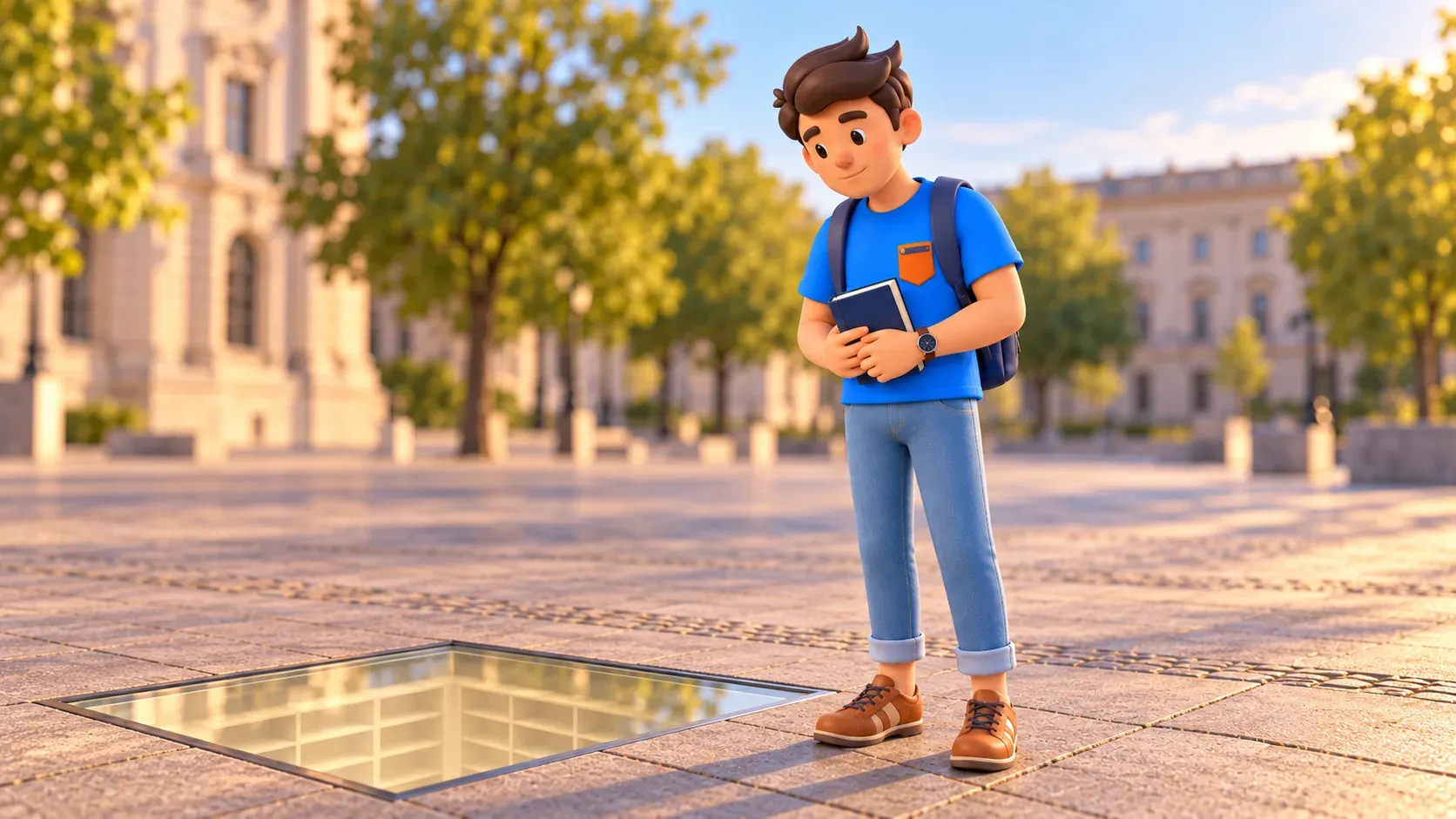 Illustration of a traveller holding a closed book beside a pavement window inspired by the Empty Library memorial.