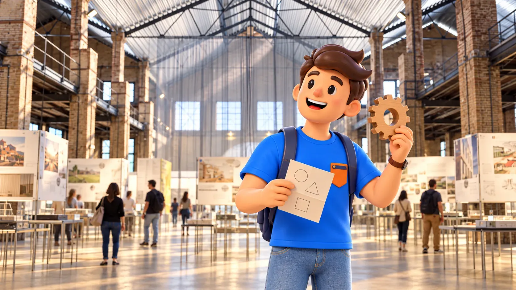 Illustration d’un voyageur avec son engrenage pédagogique en bois dans le grand hall d’Oliva Artés.