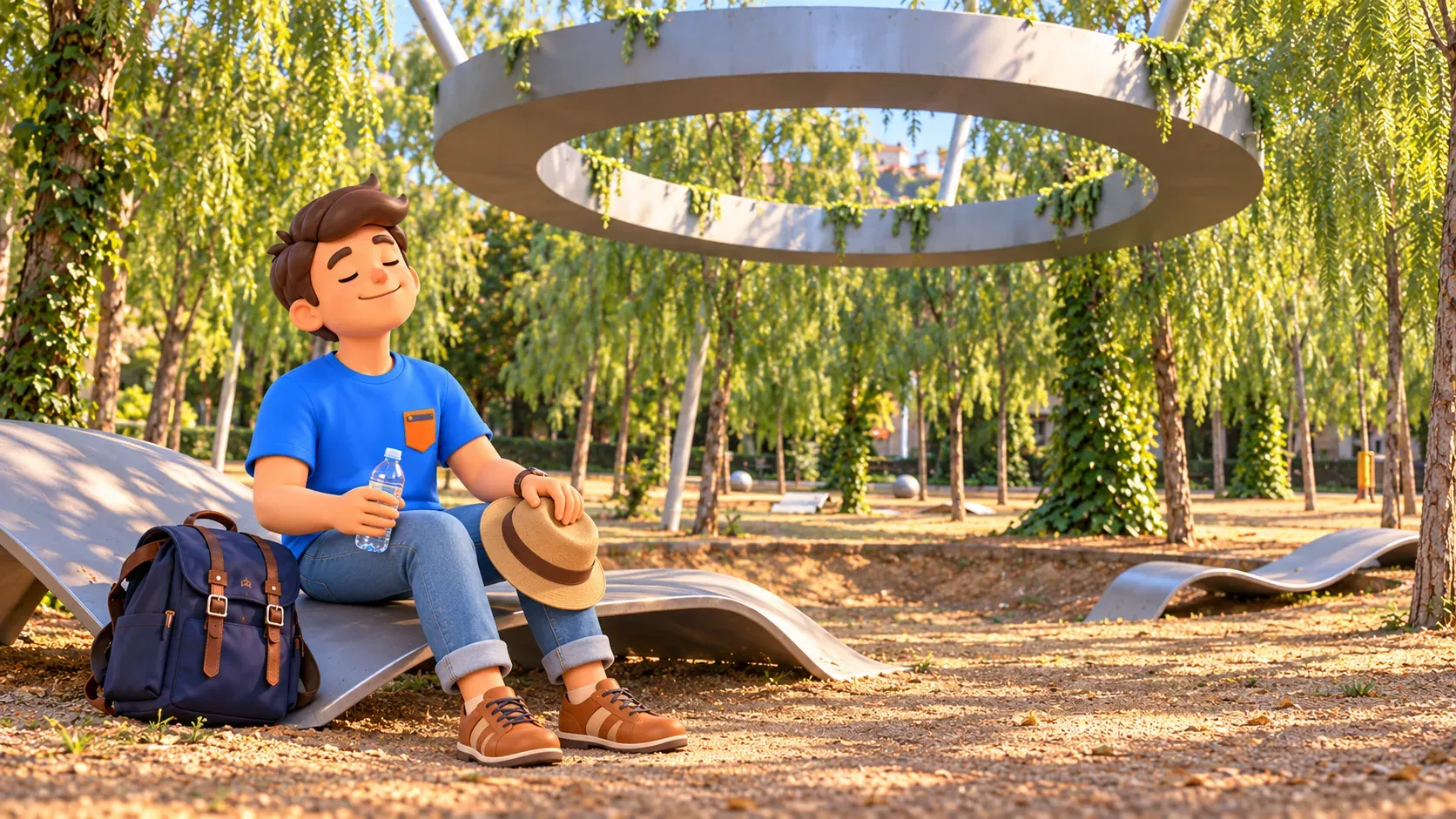 Illustration d’un voyageur se reposant avec de l’eau et un chapeau sous la structure annulaire du Parc del Centre del Poblenou.