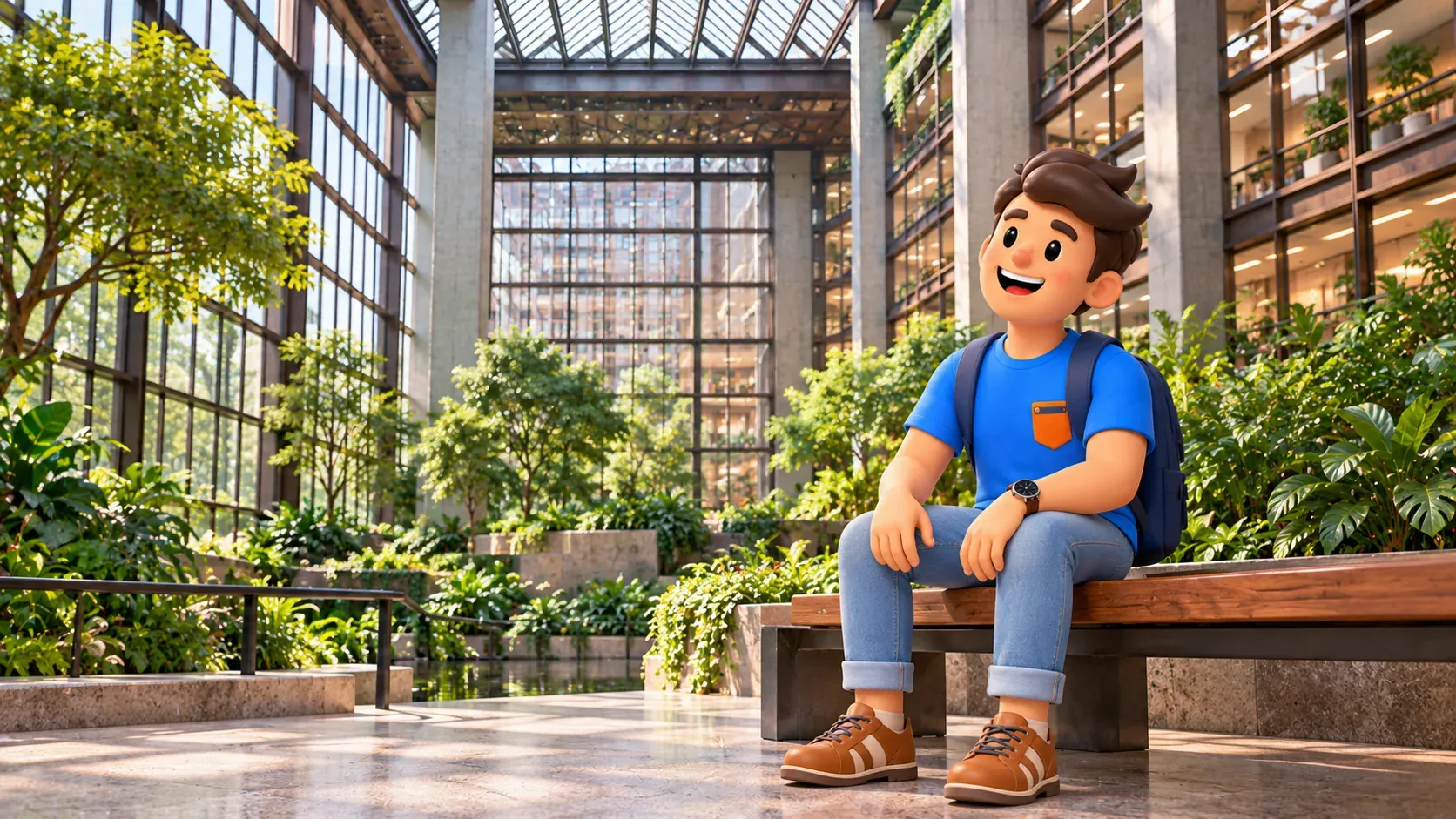 Voyageur faisant une pause près du jardin de l’atrium de la Fondation Ford.