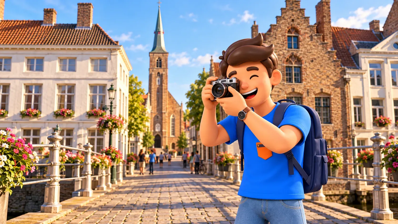 Personaje con una cámara sobre un puente ante la iglesia de Santa Ana en Brujas