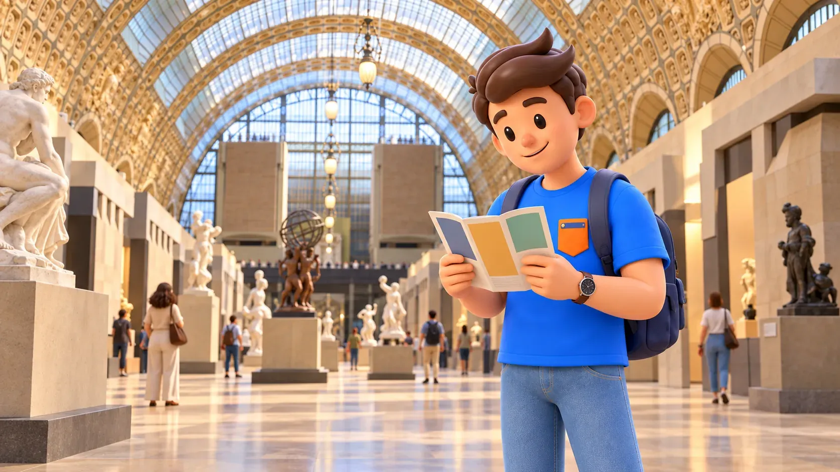 The mascot reads a museum leaflet beneath the glass vault of the Orsay nave.
