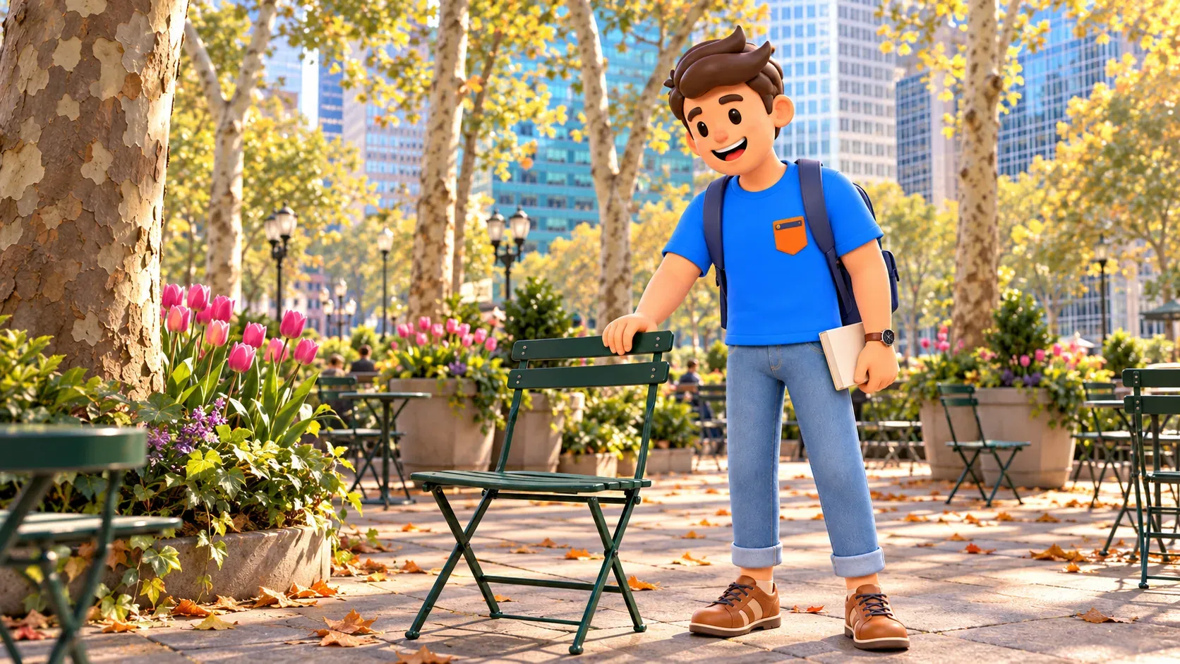 A traveler with a book holds the back of an empty green chair in Bryant Park.