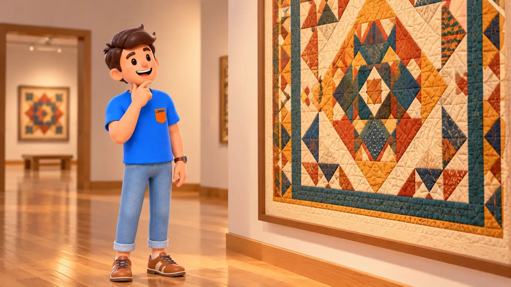 A traveler studies a geometric patchwork textile in an art gallery.