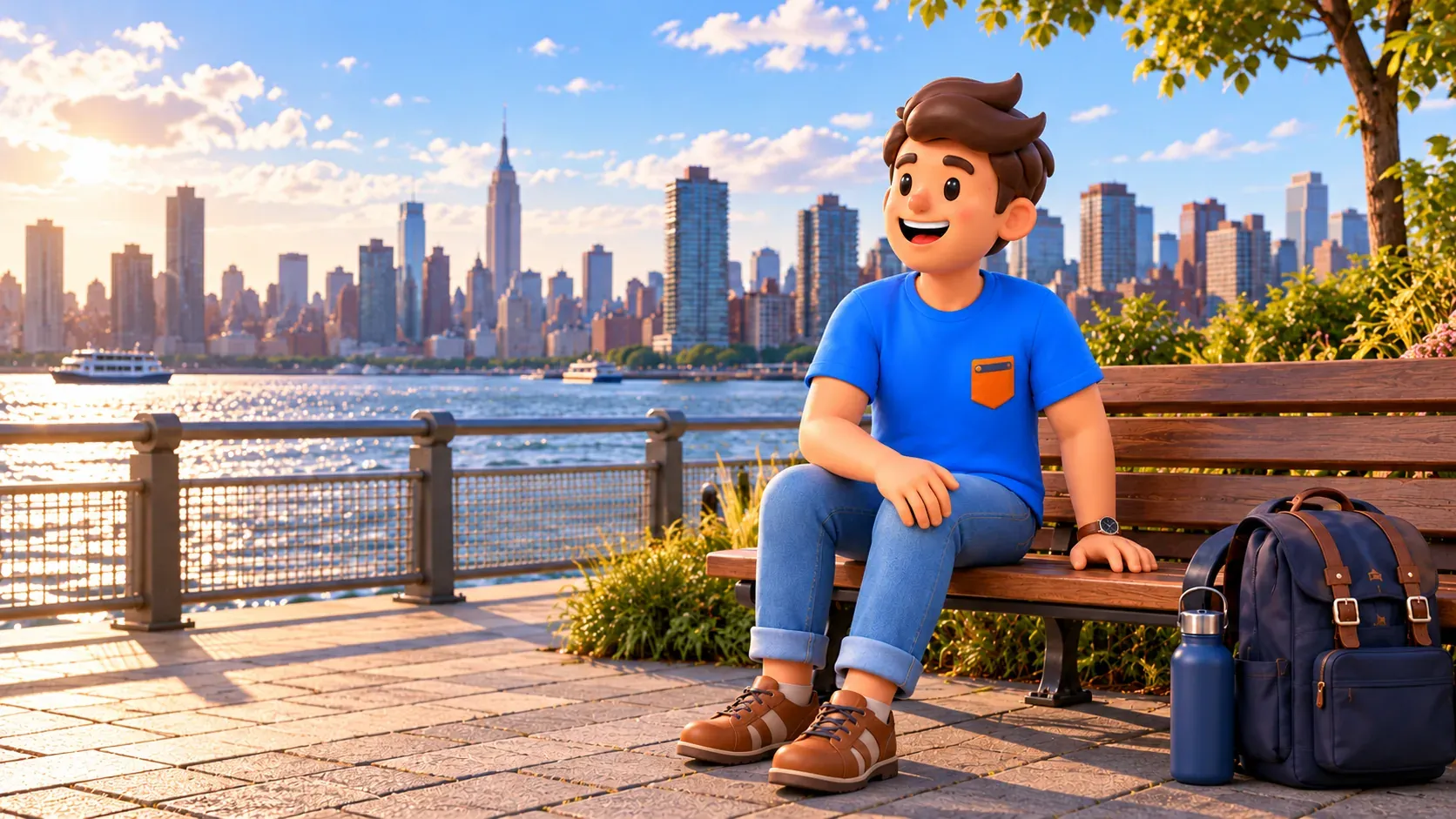 A traveler rests on a wooden waterfront bench overlooking Manhattan, with a backpack and bottle beside him.