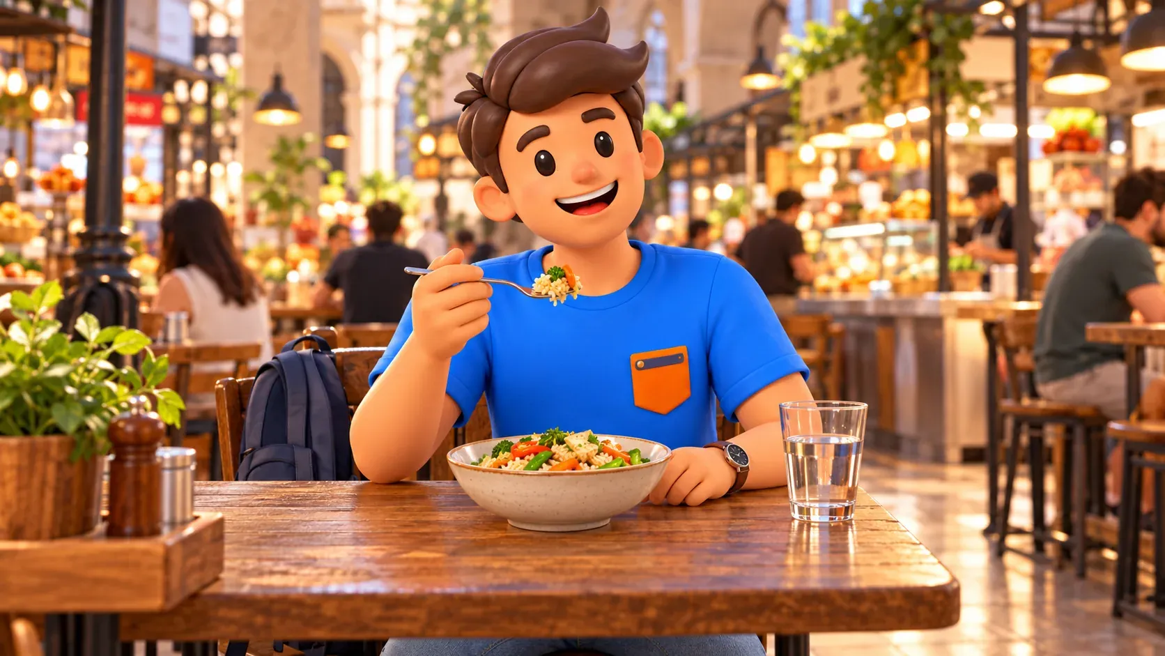 Ein Reisender macht eine Essenspause an einem Tisch in einer Markthalle.