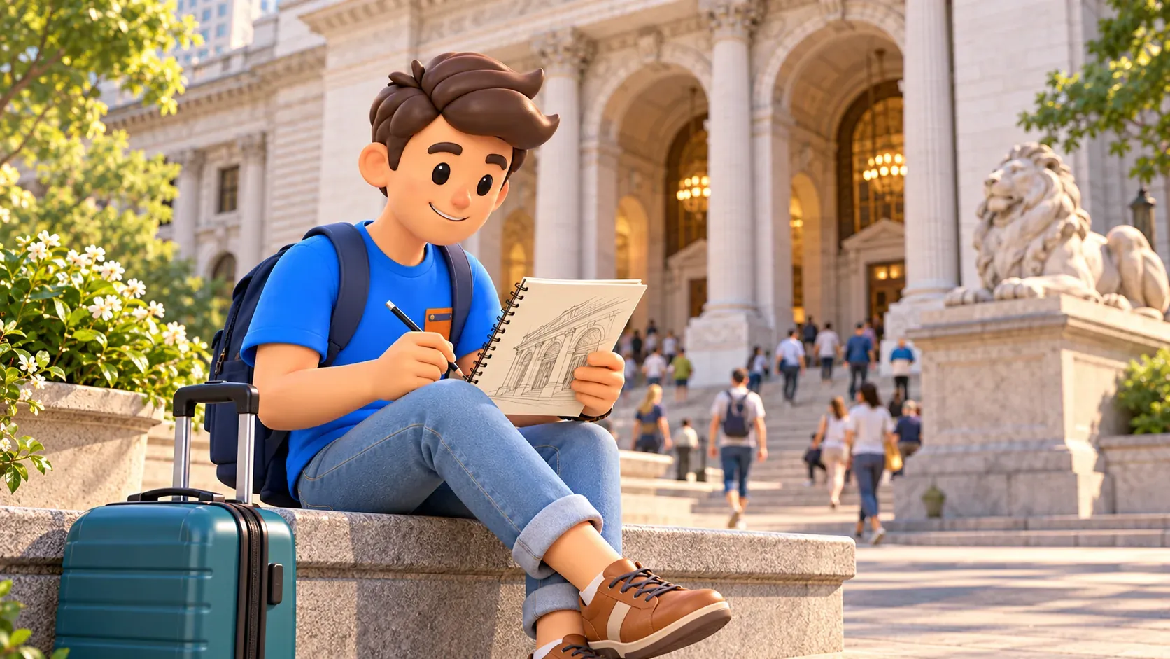 Reisender zeichnet eine Architekturskizze vor der New York Public Library.
