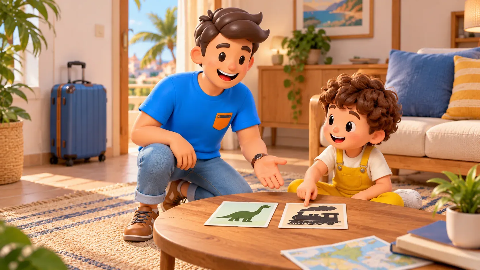 Traveler helping a child choose between dinosaur and train pictures