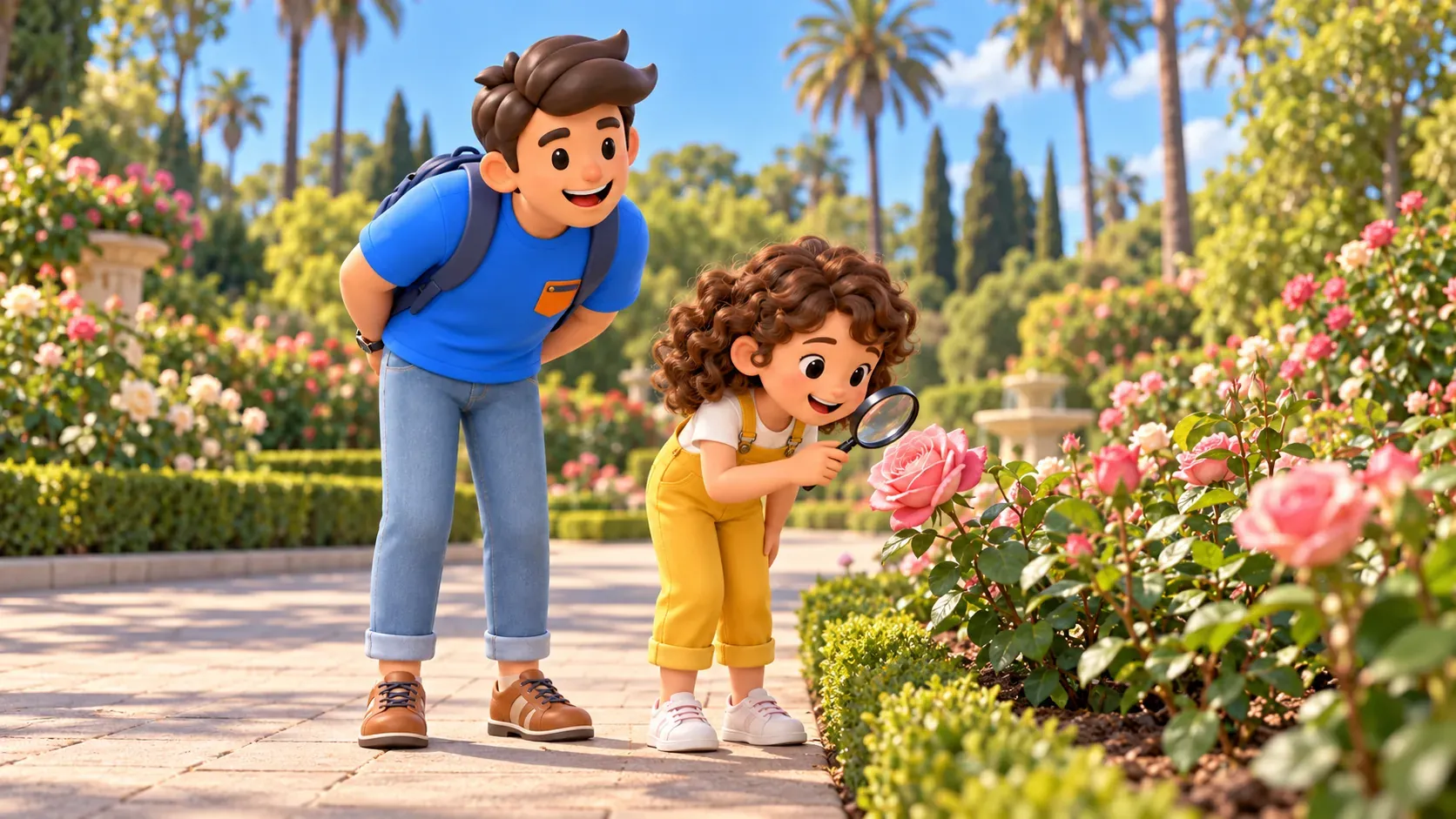 Traveler and child examining a rose from a garden path