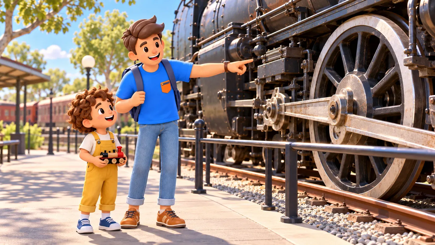 Traveler and child looking at a steam locomotive behind a railing