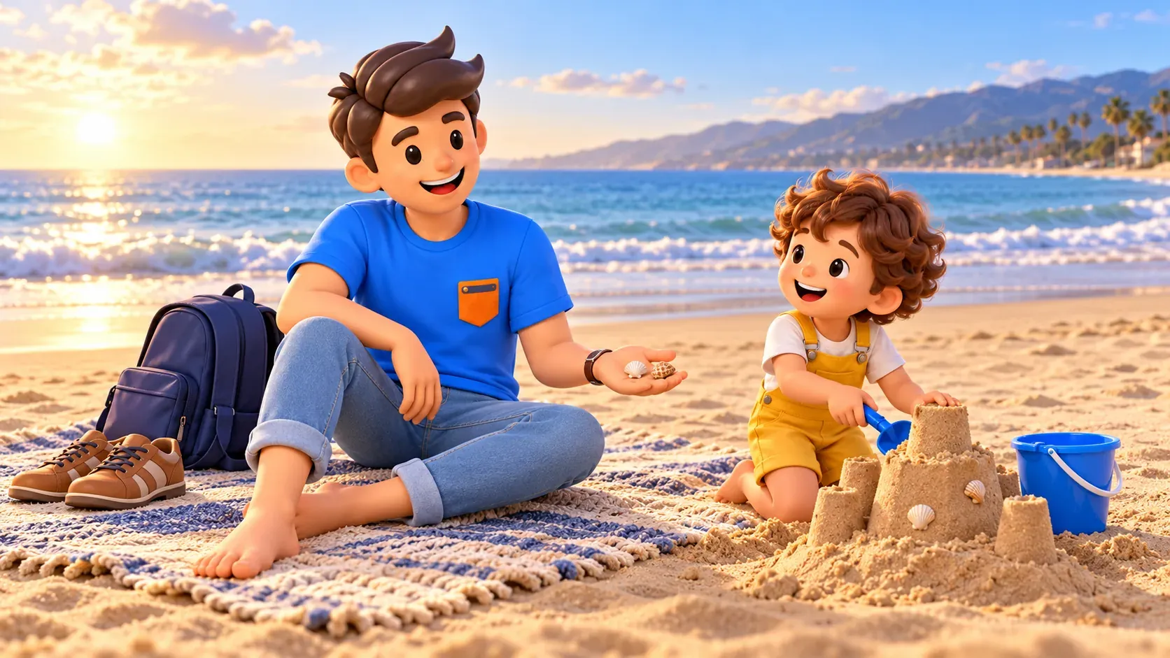 Traveler resting on a beach blanket beside a child and sandcastle