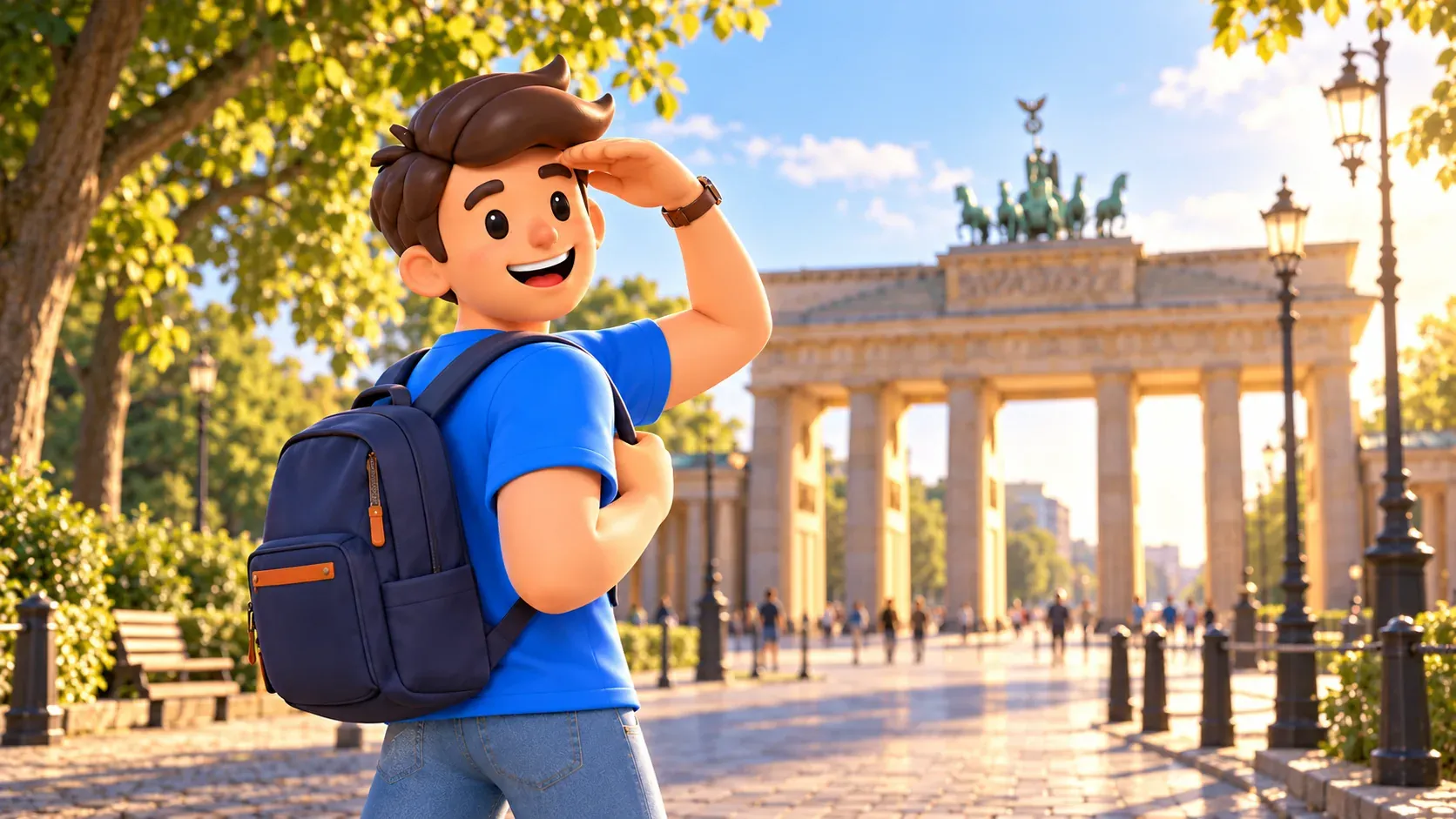 Illustration of a traveller looking towards Brandenburg Gate from its western side.