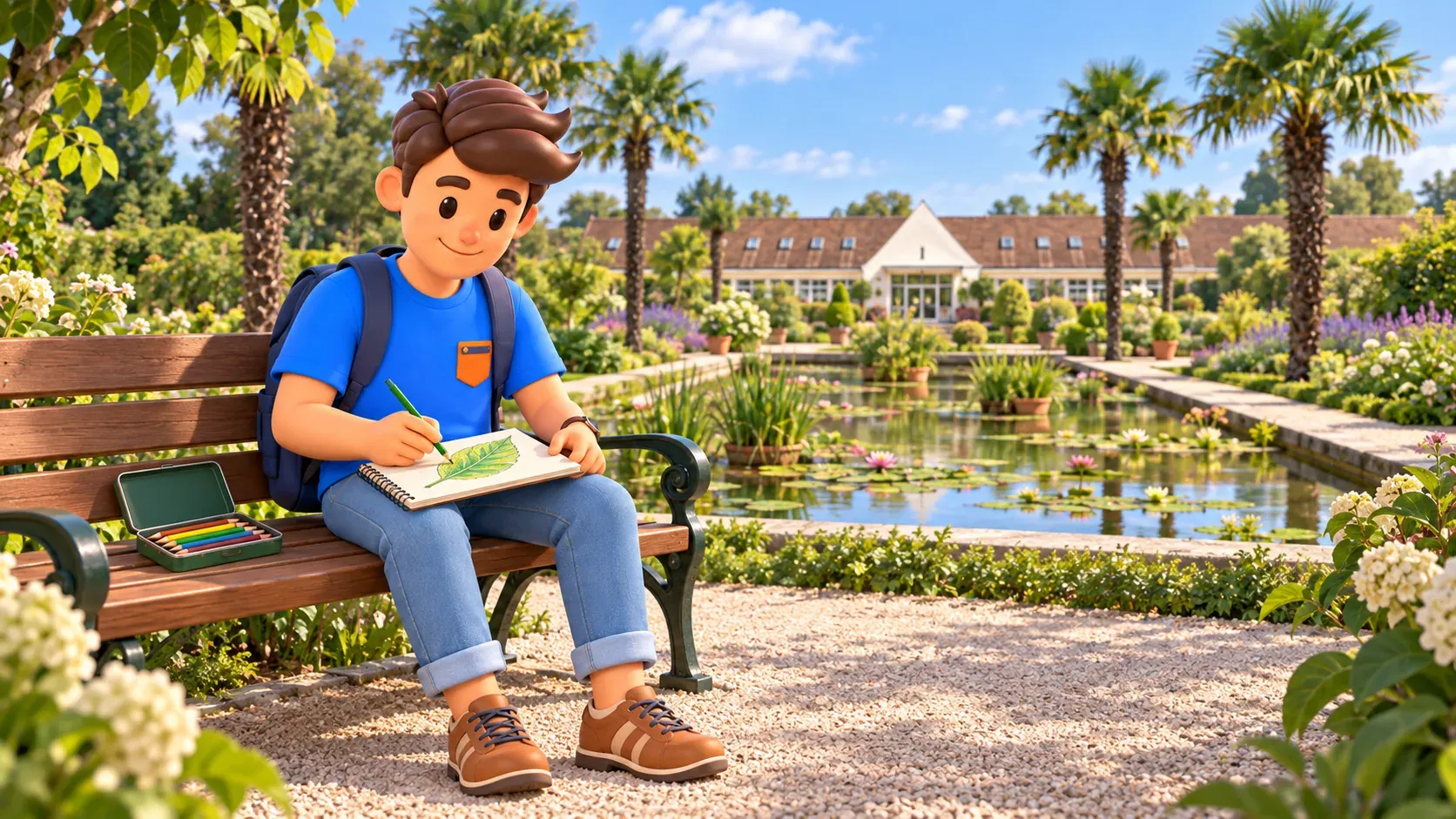 A traveler sketches a leaf with a green pencil on a bench beside a dry path in the Du Breuil garden.