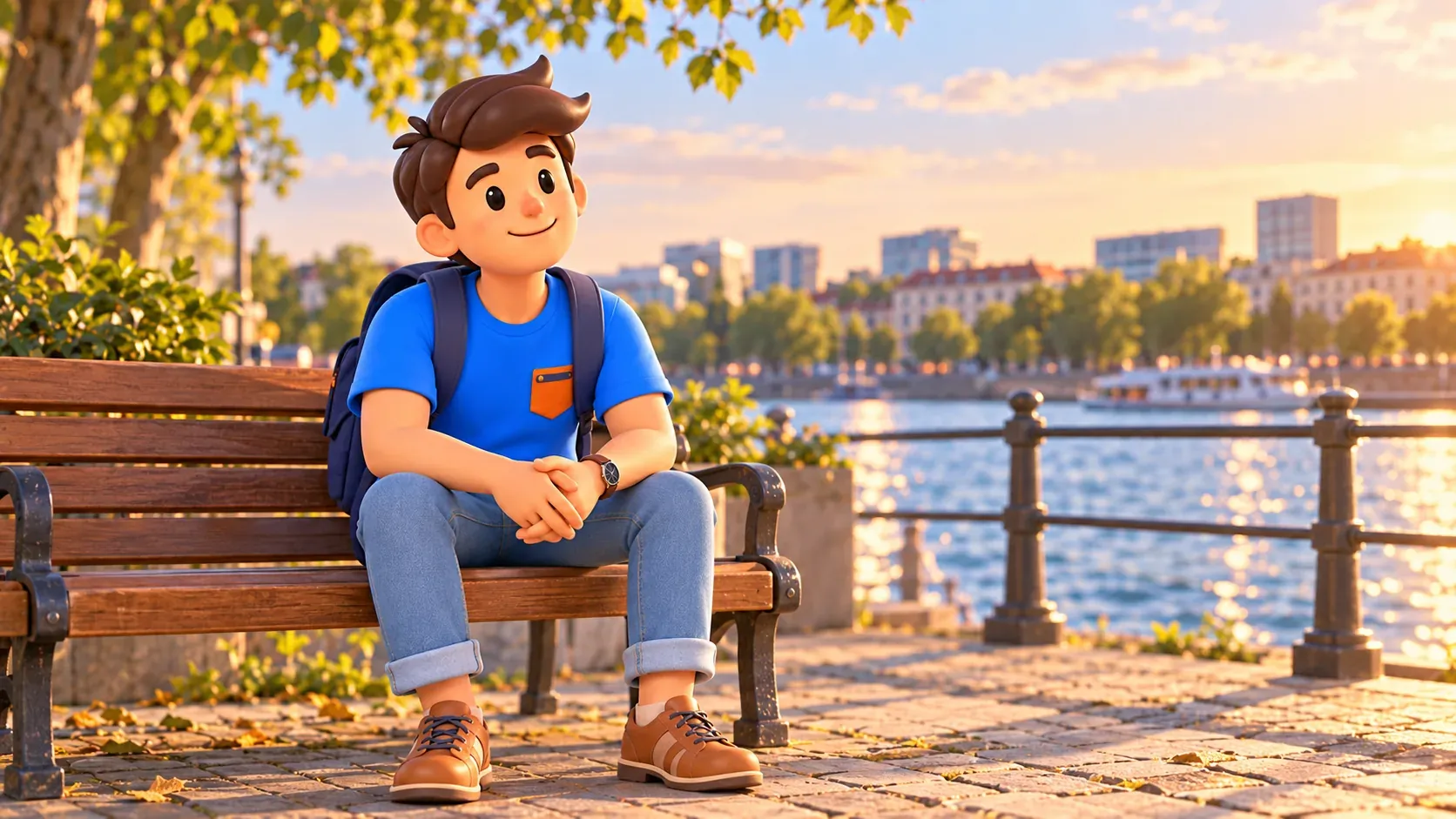 Illustration of a traveller taking a quiet riverside break on a bench.
