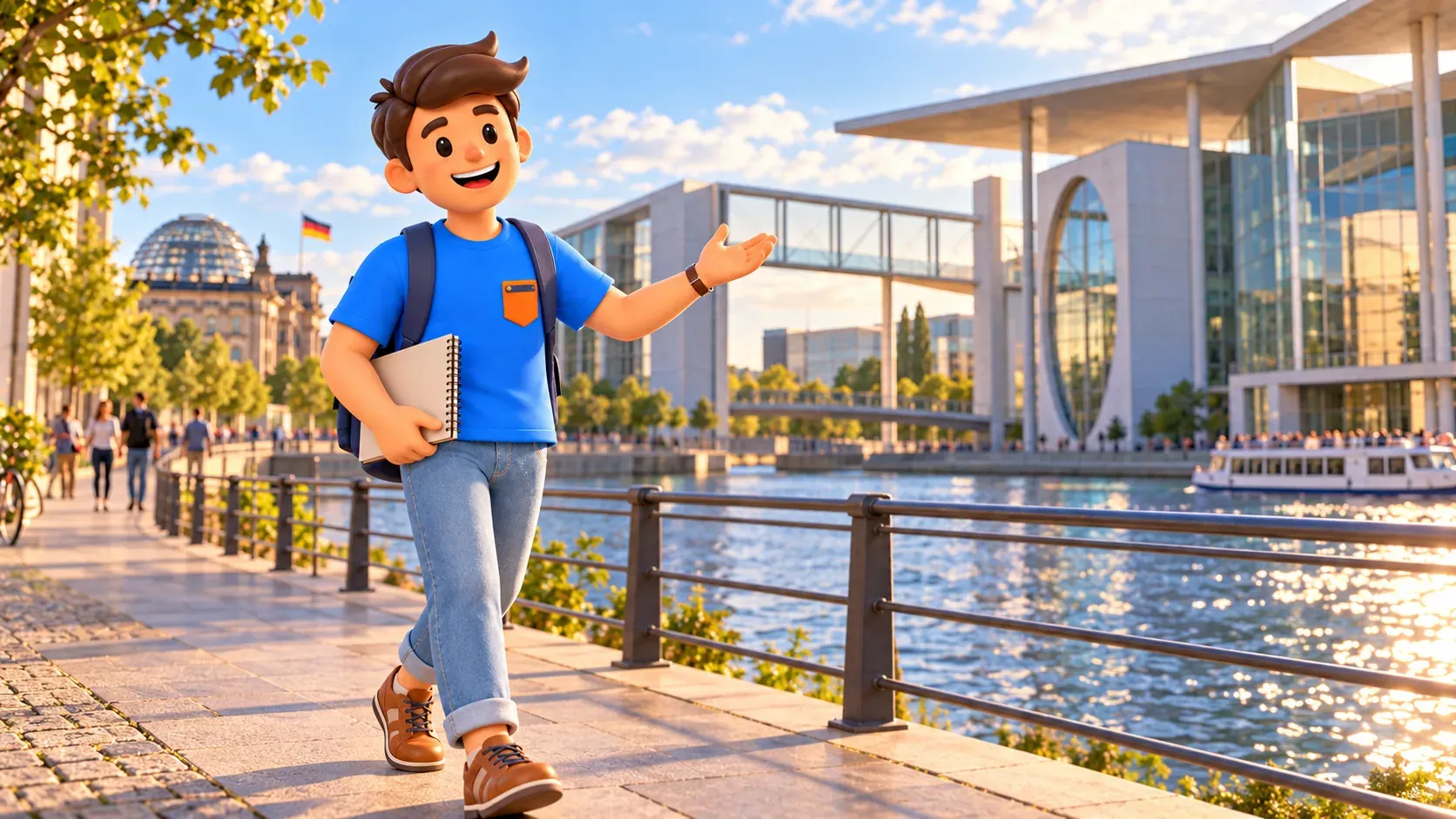 Illustration of a traveller with a notebook by the Spree and modern parliamentary architecture.