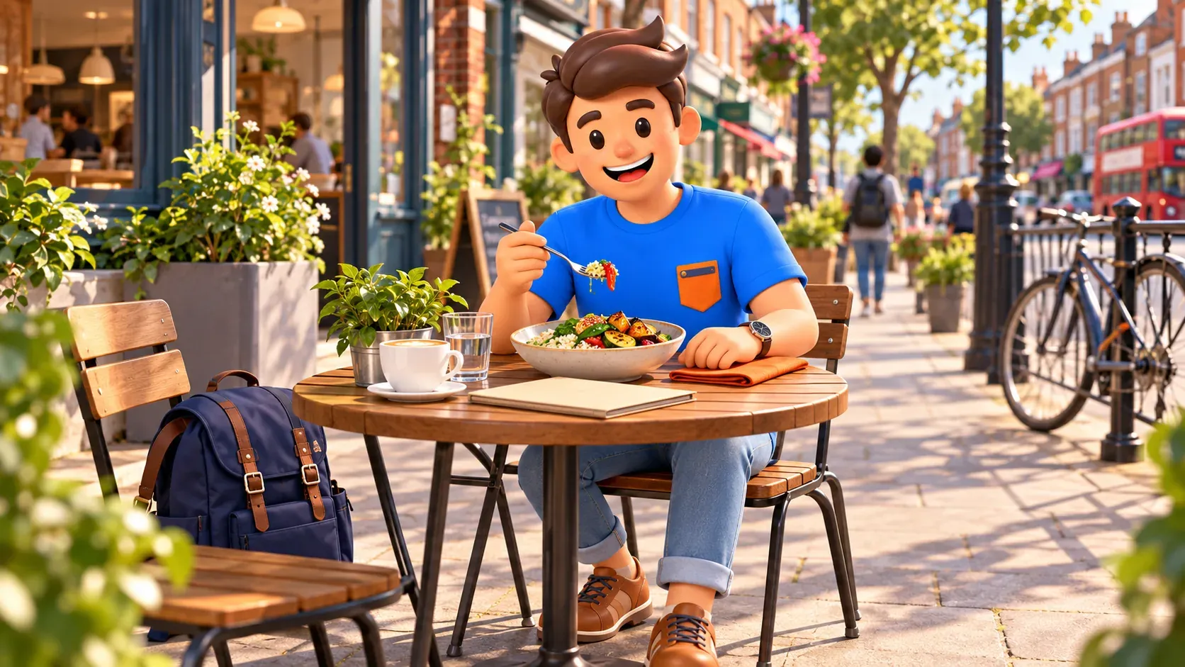 Personnage prenant un repas simple dans un café d’une rue londonienne.