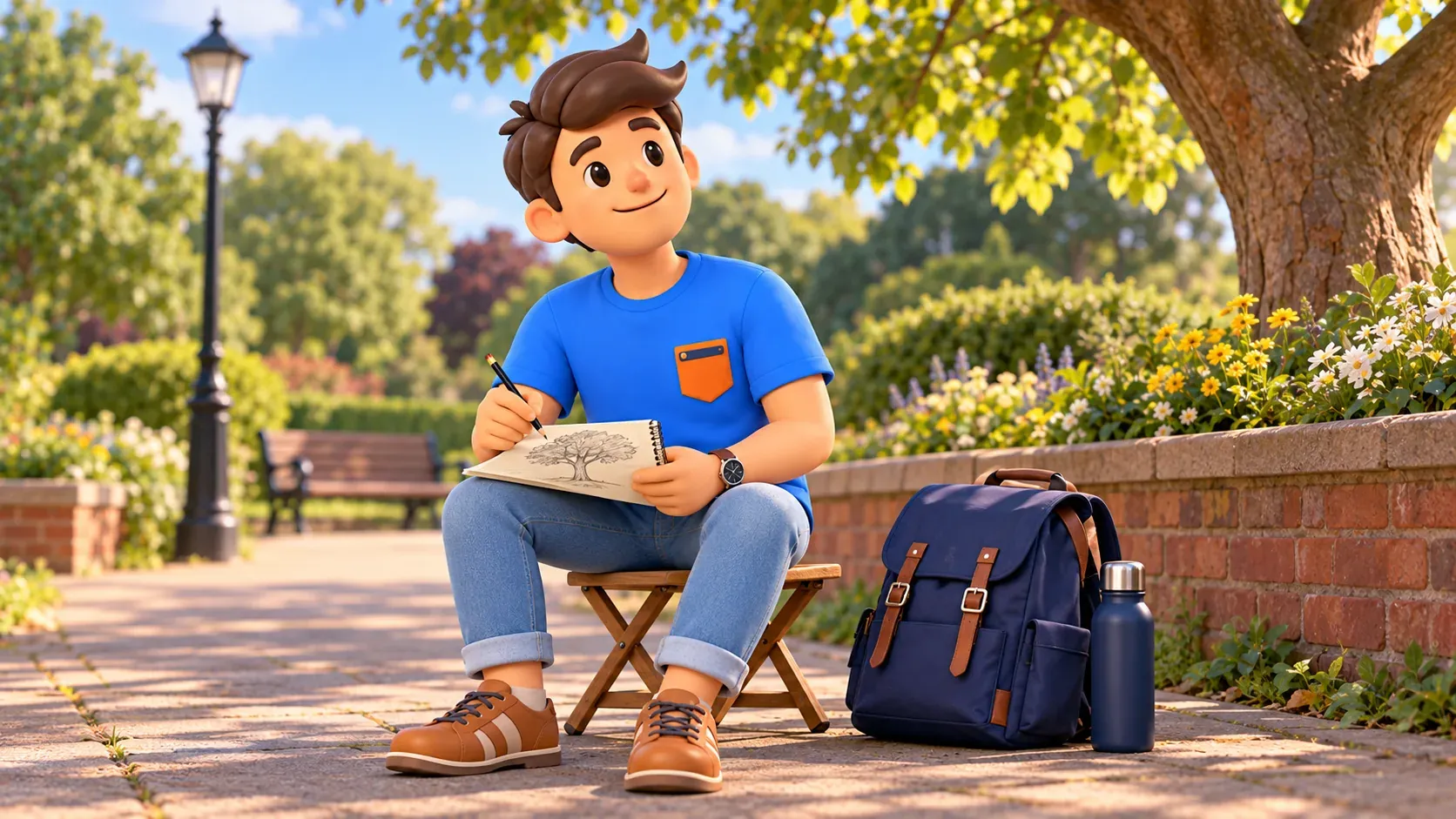Voyageur sur un tabouret pliant dessinant un arbre dans son propre carnet sur une allée du parc.
