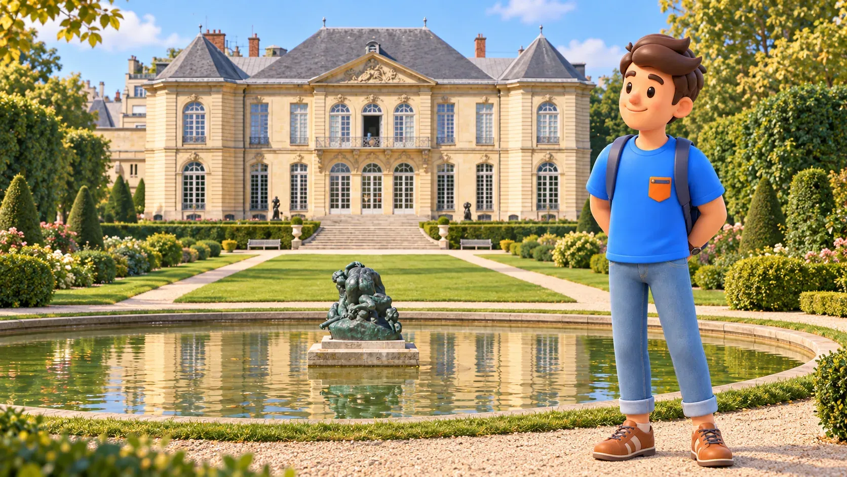 Die Figur betrachtet das Hôtel Biron im Rodin-Garten neben einem Becken mit einer Bronzeskulptur.