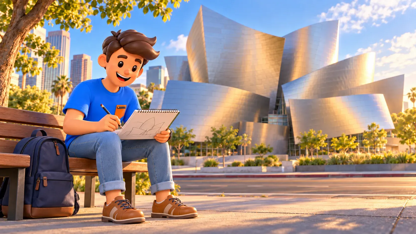 Un viajero dibuja la silueta curva del Walt Disney Concert Hall desde un banco.