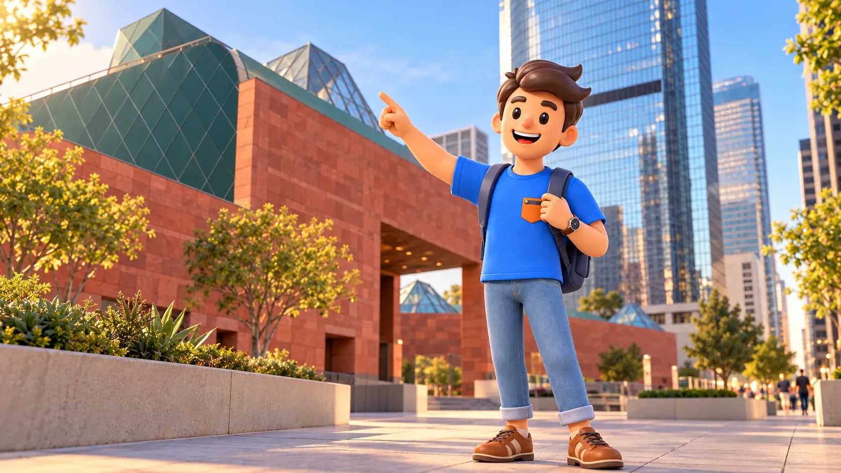 El viajero observa el edificio rojizo de MOCA Grand Avenue y su cubierta geométrica.