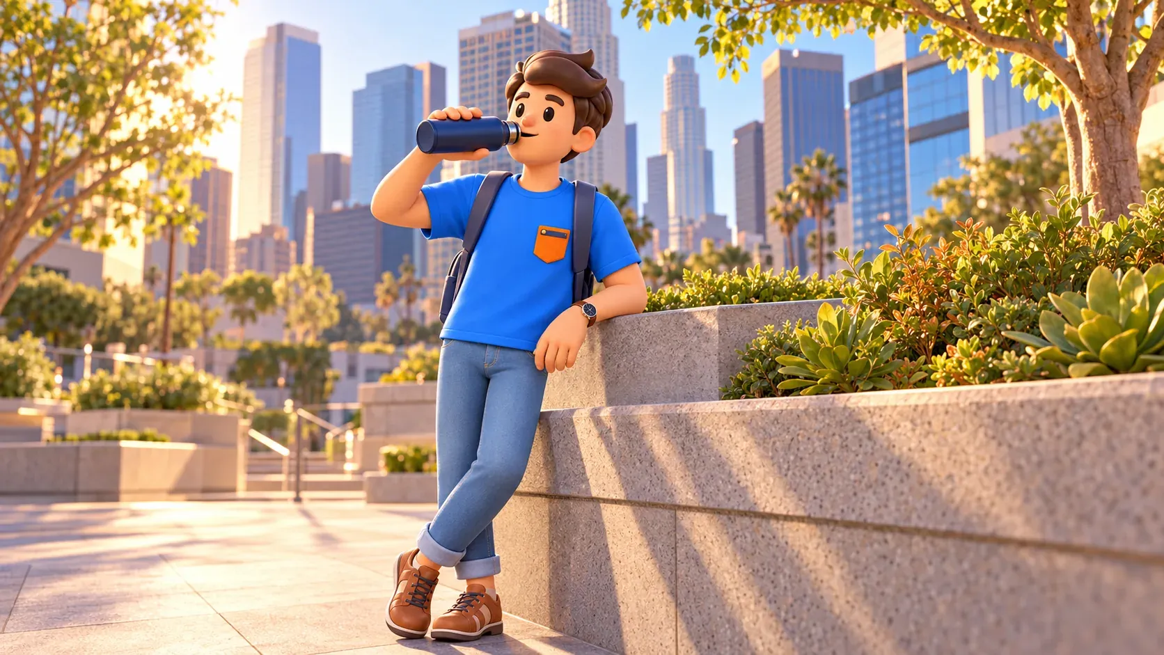 Un viajero bebe agua durante una pausa junto a una terraza con plantas en California Plaza.
