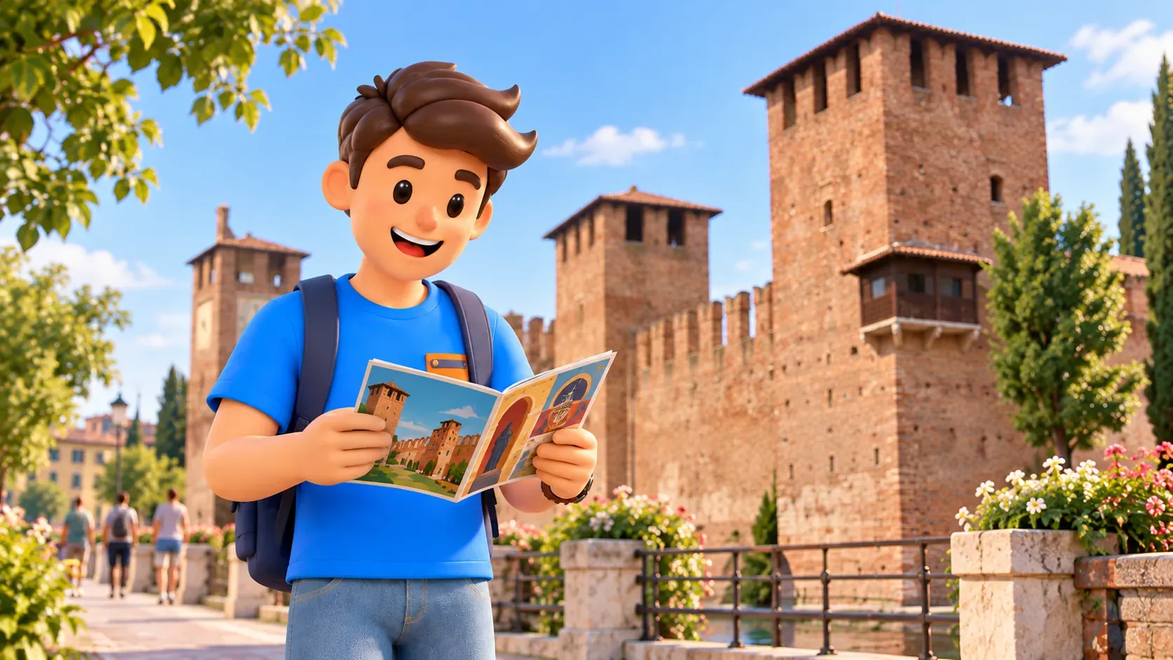 Character holding a museum booklet on a pedestrian path beside Castelvecchio's brick towers