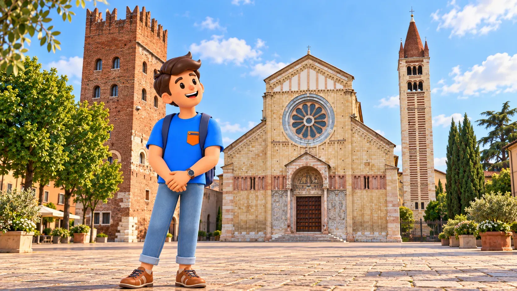 Traveller admiring San Zeno's façade between the abbey tower and bell tower