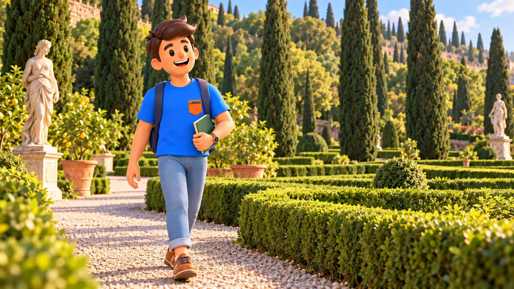 Character carrying a small notebook along a path between hedges and cypresses in Giardino Giusti