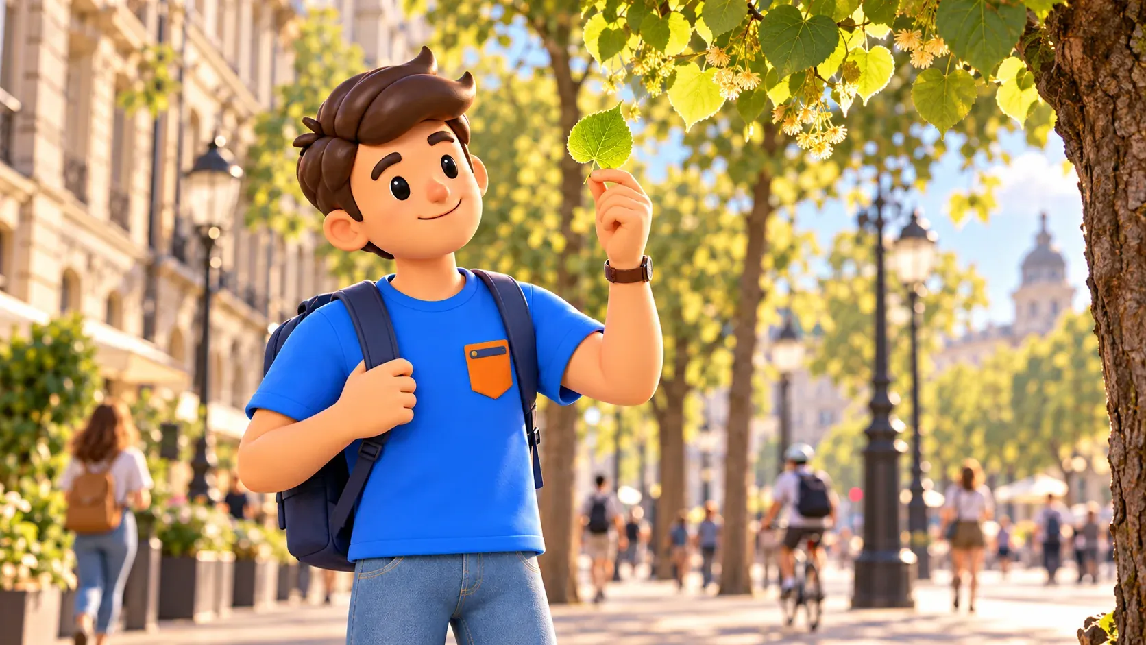 Illustration of a traveller examining a linden leaf during a city walk.