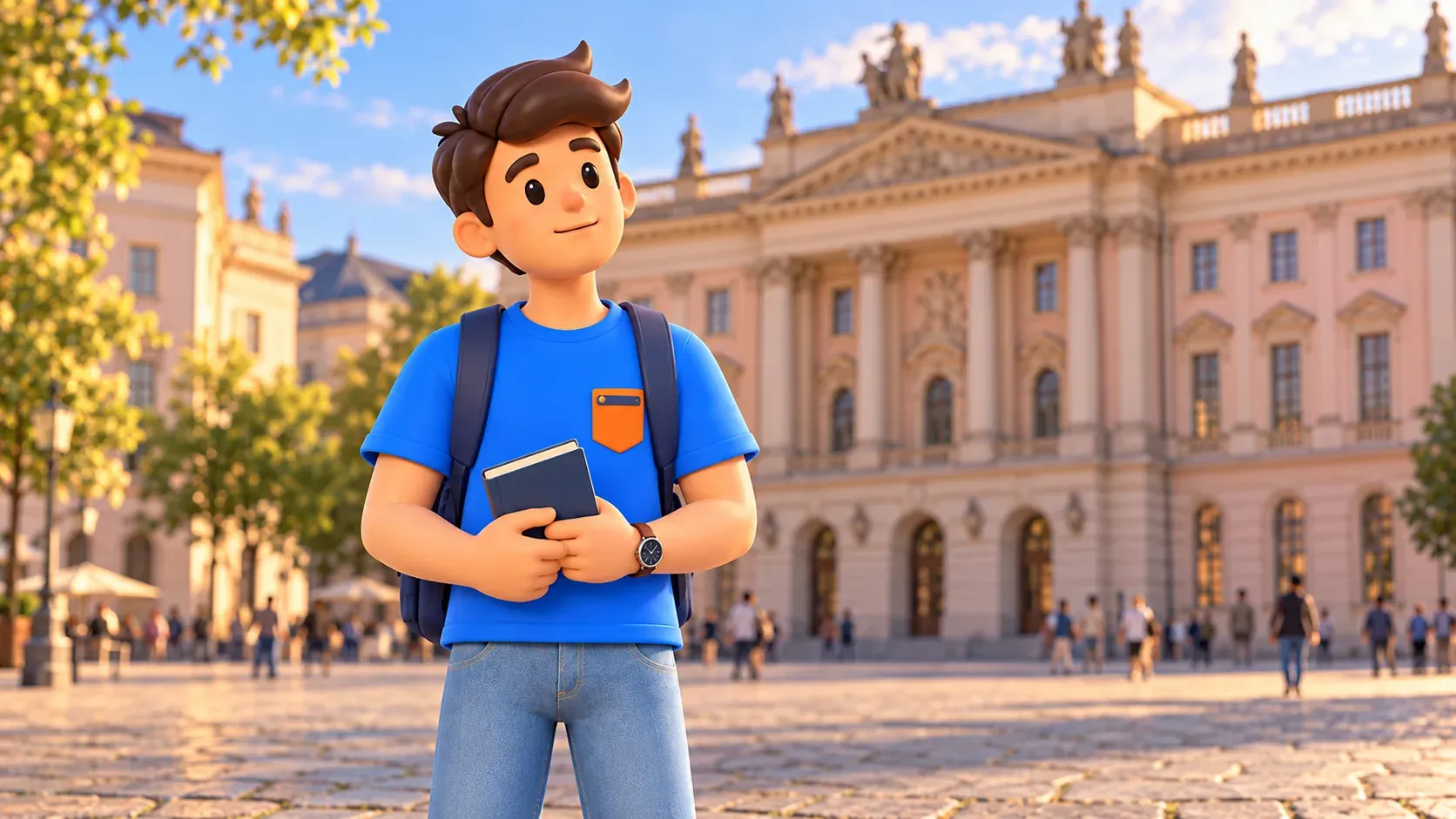 Illustration of a traveller holding a closed book in a square with opera-inspired architecture.