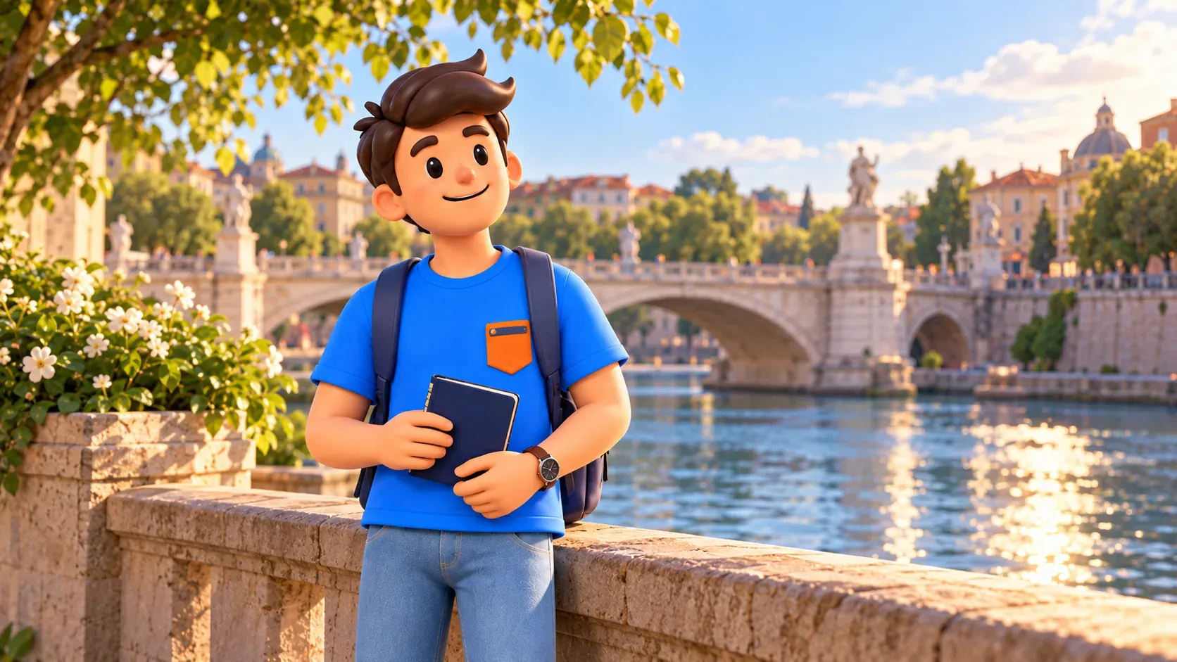 Illustration of a traveller beside the water and a classical bridge at the end of a walk.