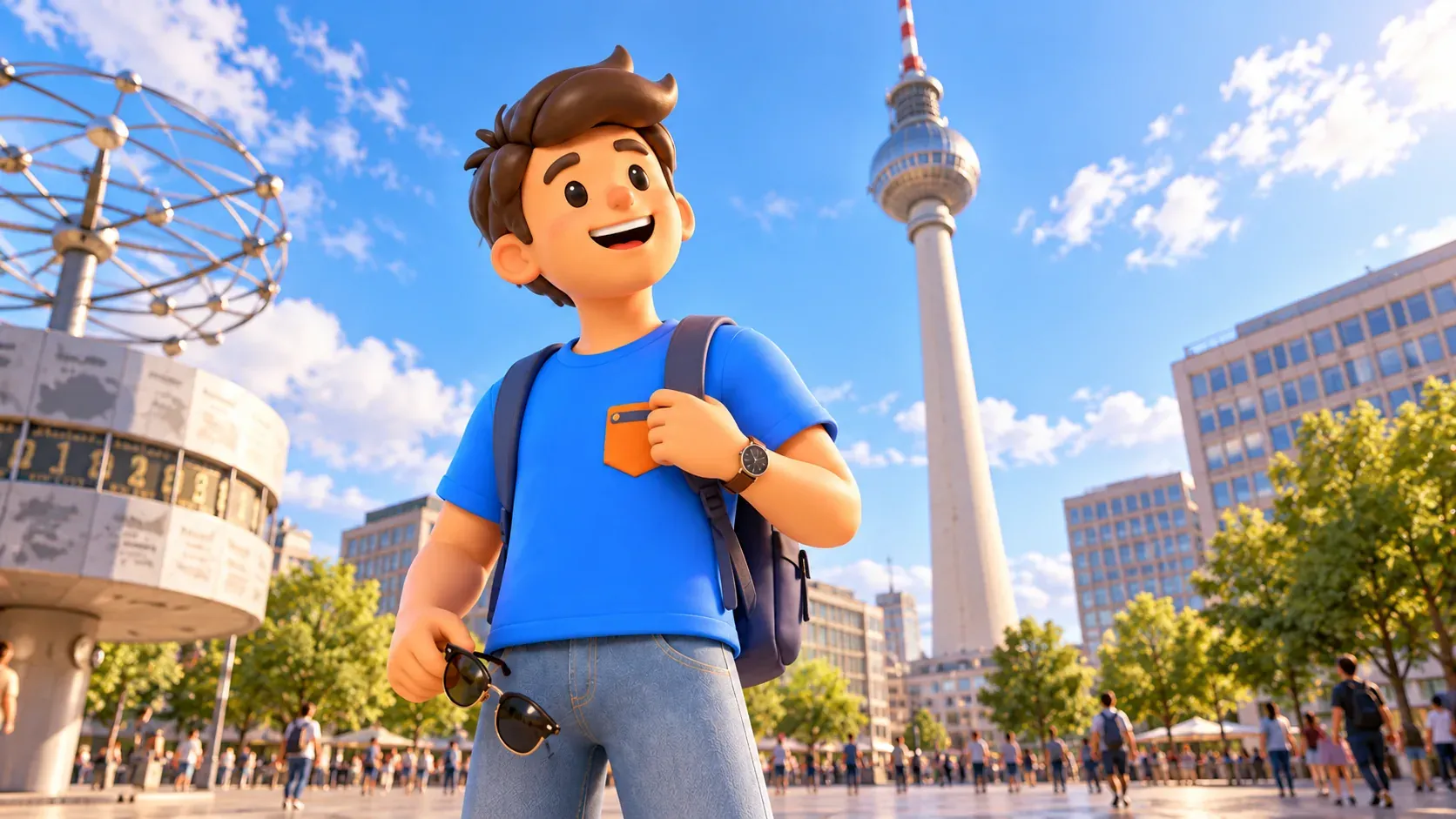 Ilustración de un viajero con gafas de sol en la mano mirando la torre de televisión de Berlín.