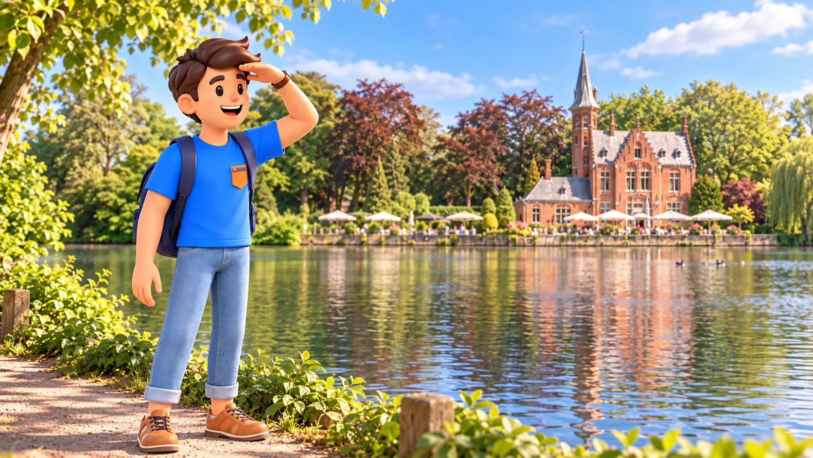 Character shading his eyes while looking across Minnewater lake