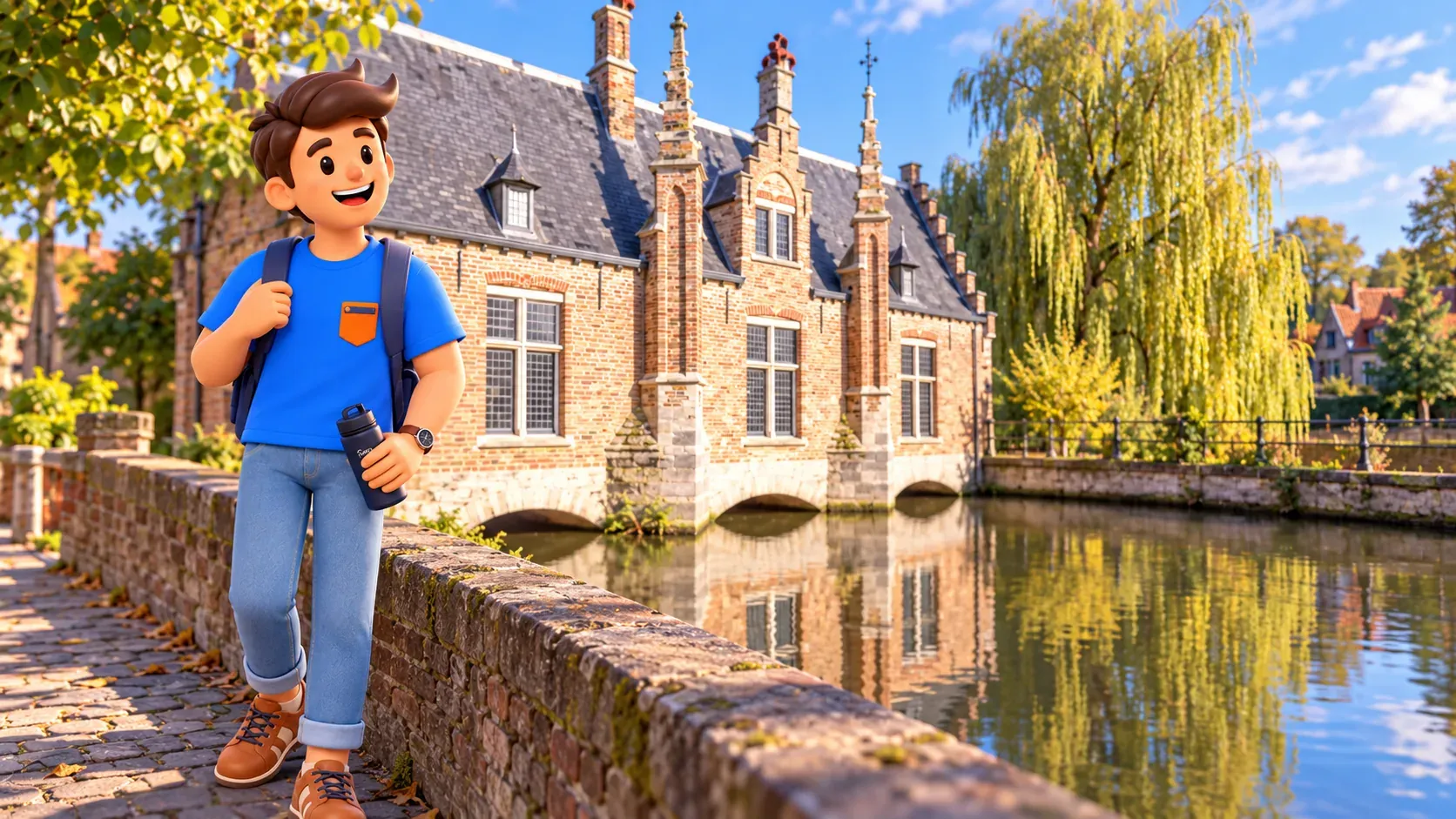 Character holding a water bottle beside the parapet near the Sashuis lock house