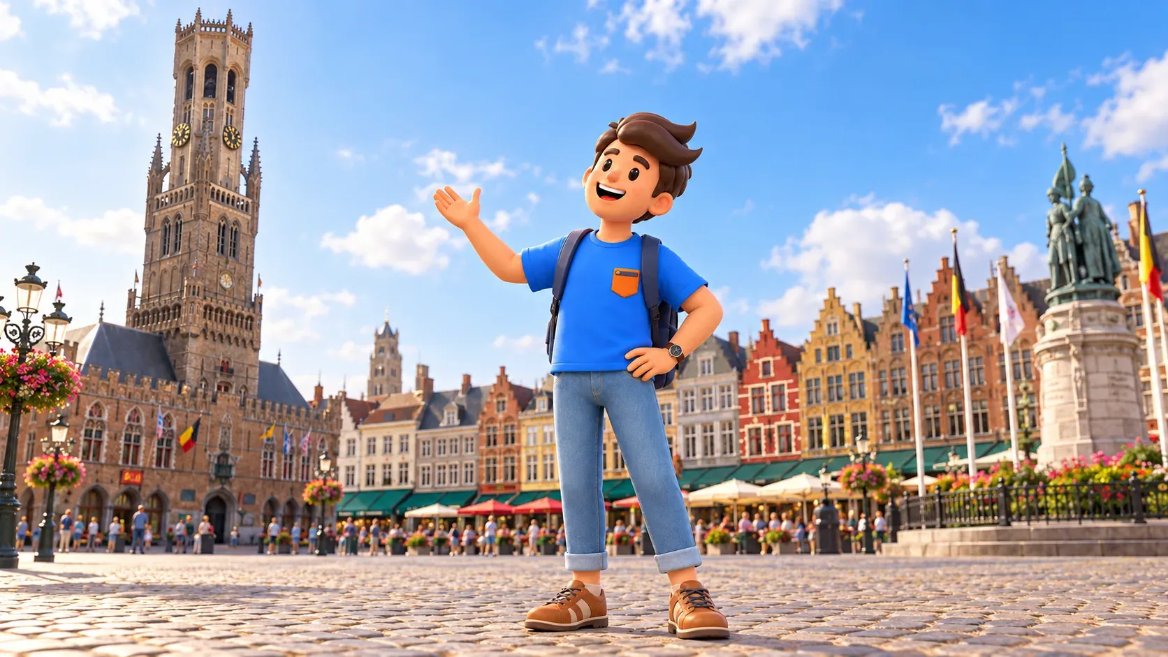 Character gesturing towards the Belfry on Markt square in Bruges