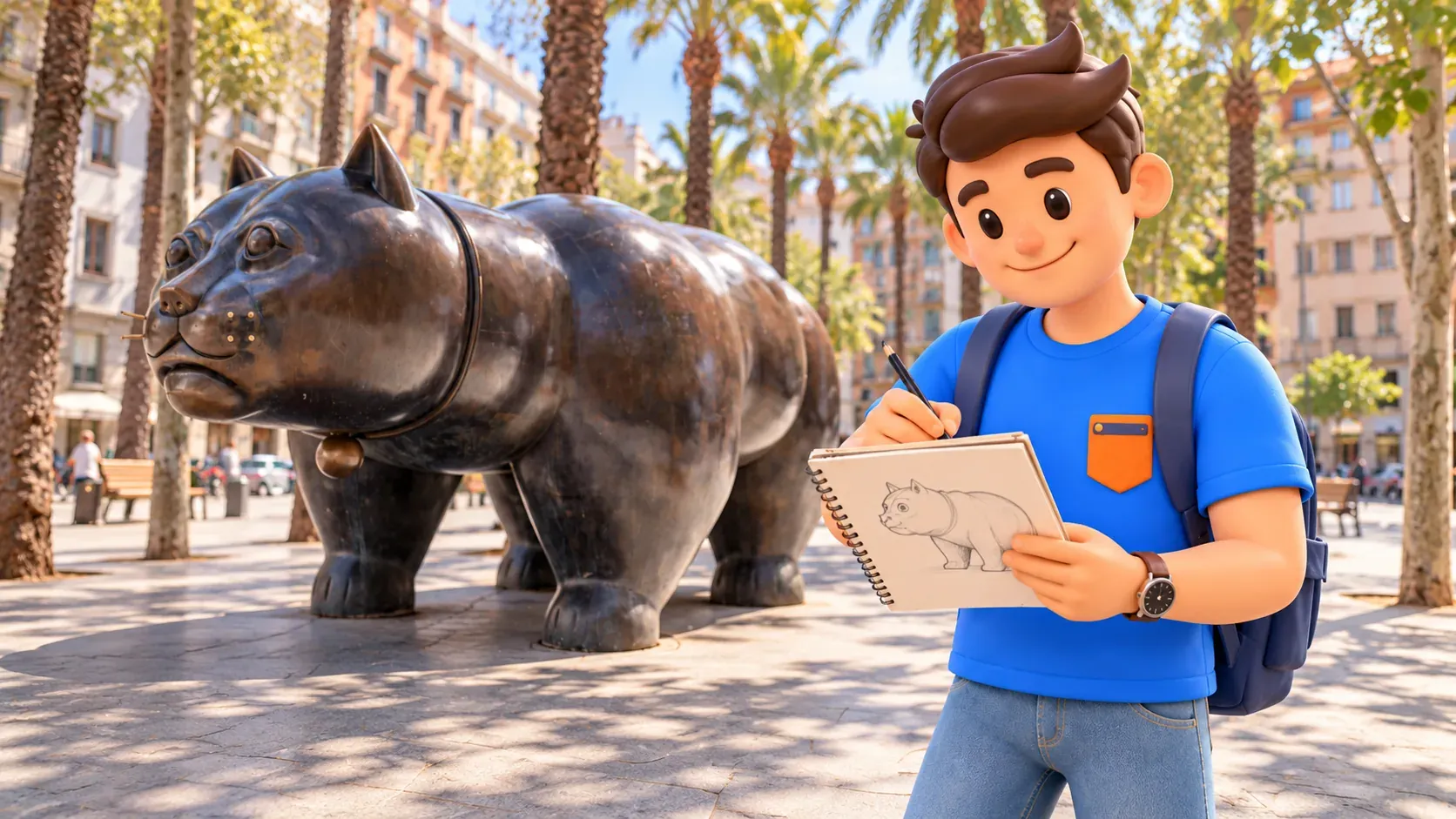Illustration d’un voyageur dessinant le chat de Botero dans son carnet sur la promenade publique.