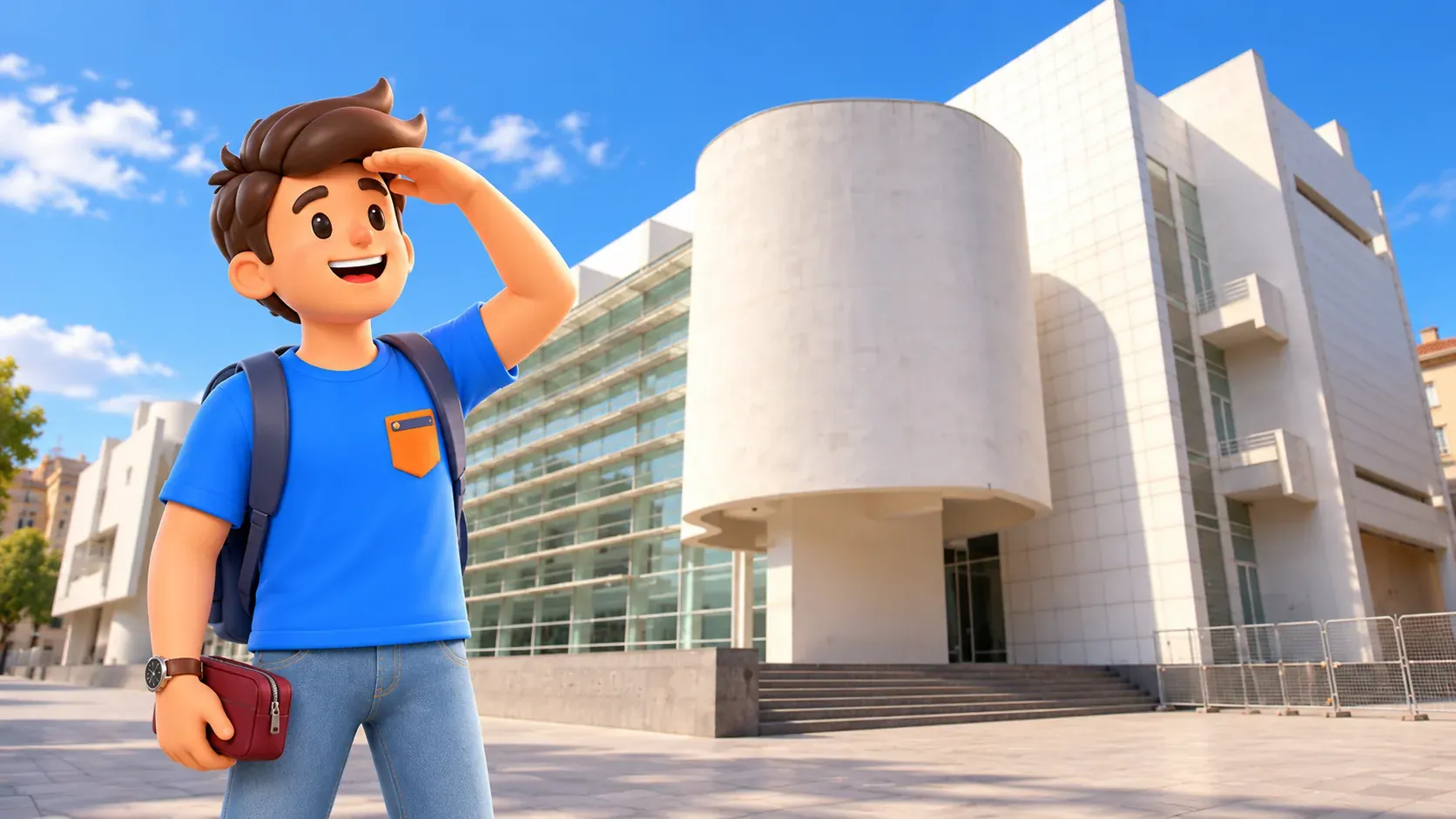 Illustration d’un voyageur avec une trousse rouge observant les volumes blancs et la façade vitrée du MACBA depuis l’extérieur.