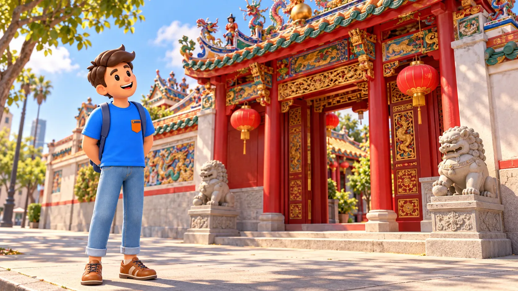 Un viajero contempla el exterior de un templo chino.