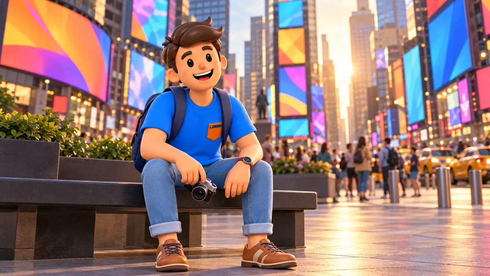 Reisender mit Kamera sitzt auf einer Bank zwischen den leuchtenden Bildschirmen am Times Square.