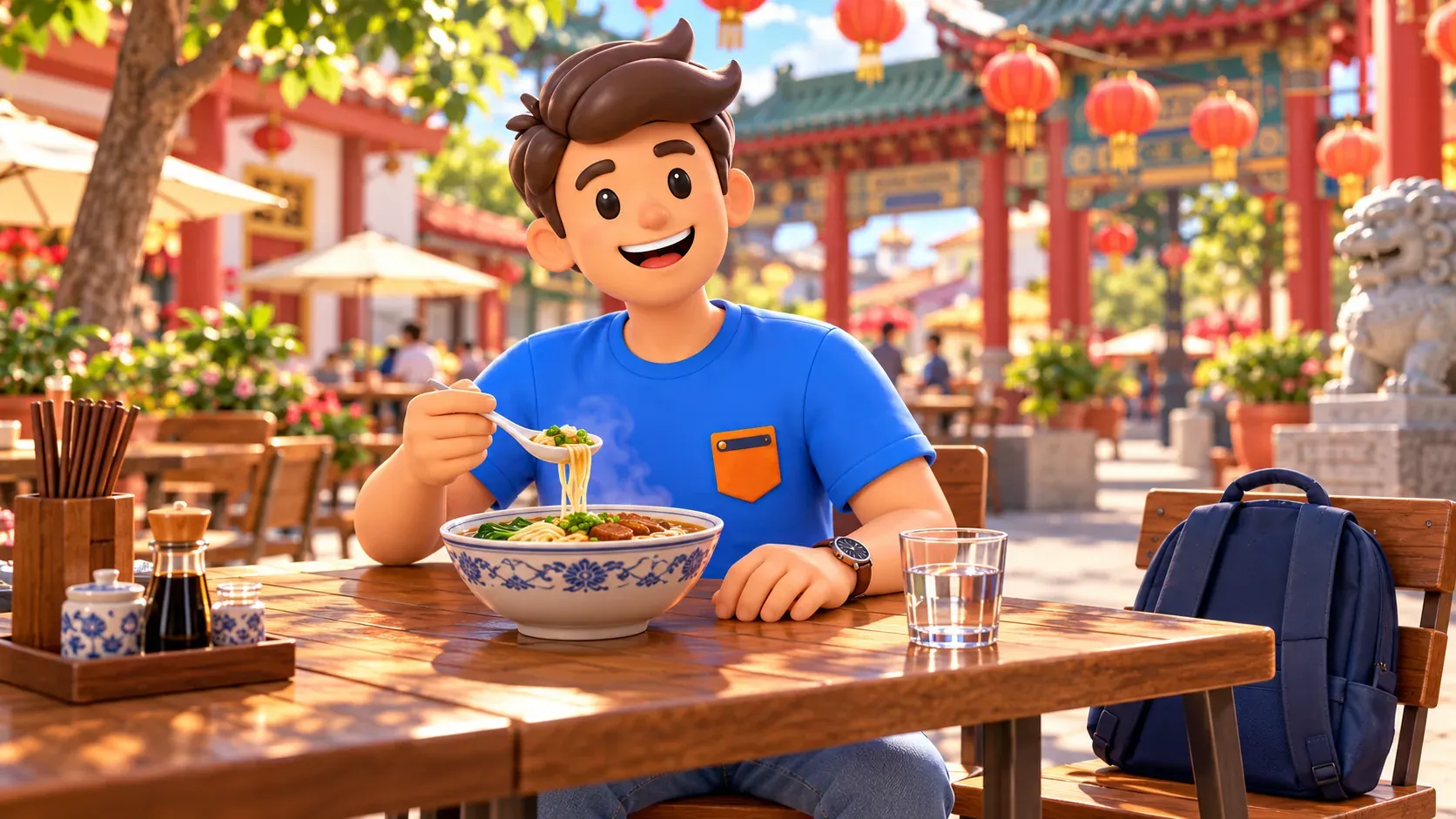 Un viajero descansa con un cuenco de sopa y agua.