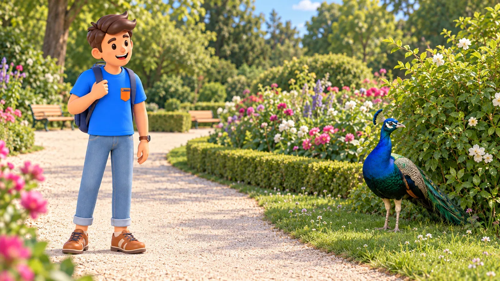 A traveler watches a peacock on the grass from a Bagatelle garden path, keeping a respectful distance.