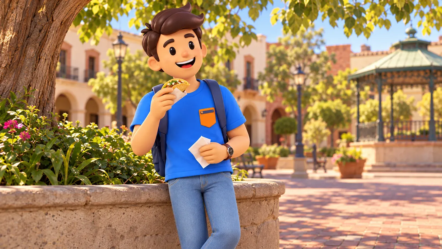 Viajero con un taco y una servilleta descansando a la sombra en una plaza