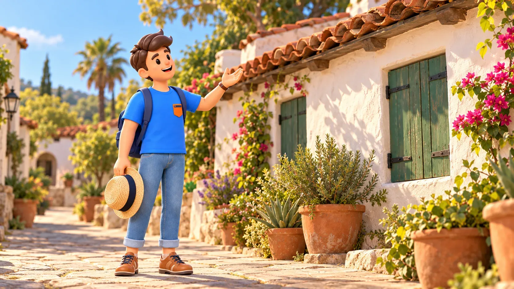 Viajero con sombrero observando el tejado de una pequeña casa de adobe