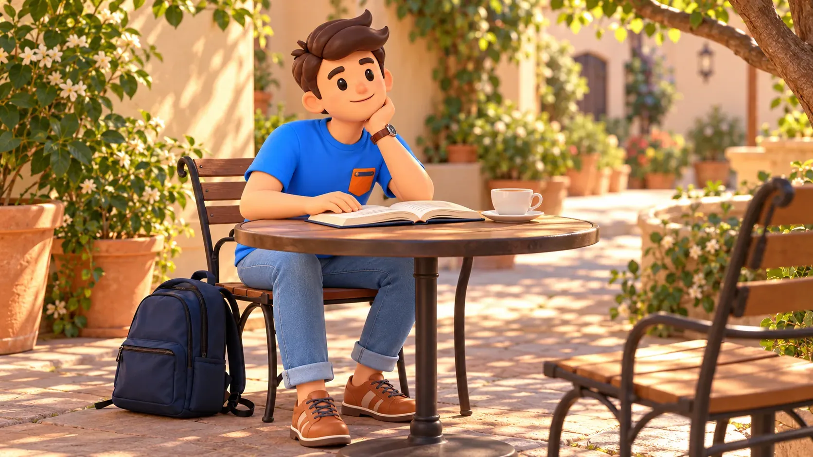 Viajero descansando en una mesa de patio con un libro abierto y té