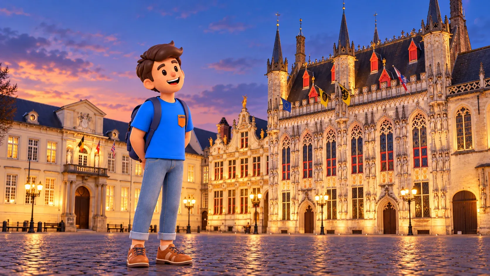 Personnage les mains derrière le dos devant l’hôtel de ville, place du Burg au crépuscule
