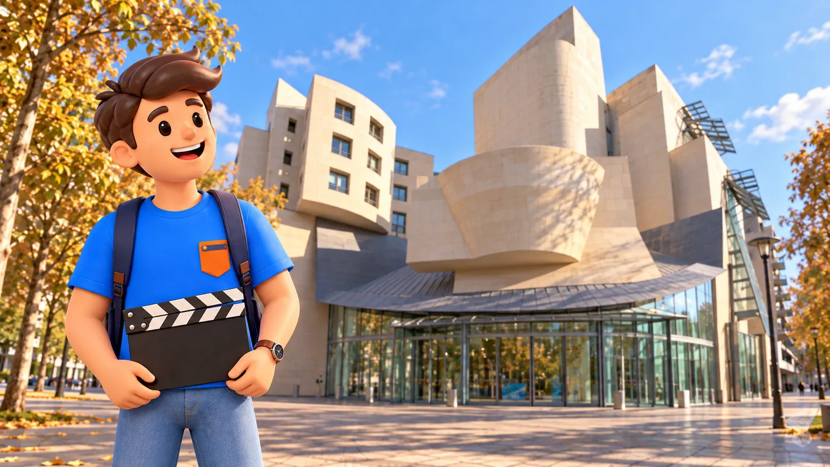 The mascot holds a film clapperboard outside the Cinémathèque in Bercy.