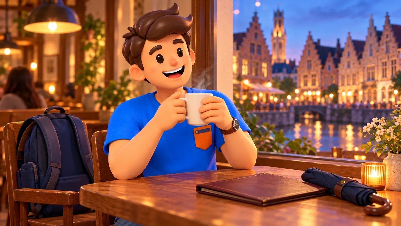 Illustration d’une pause du soir : personnage avec une boisson chaude dans un café sans nom