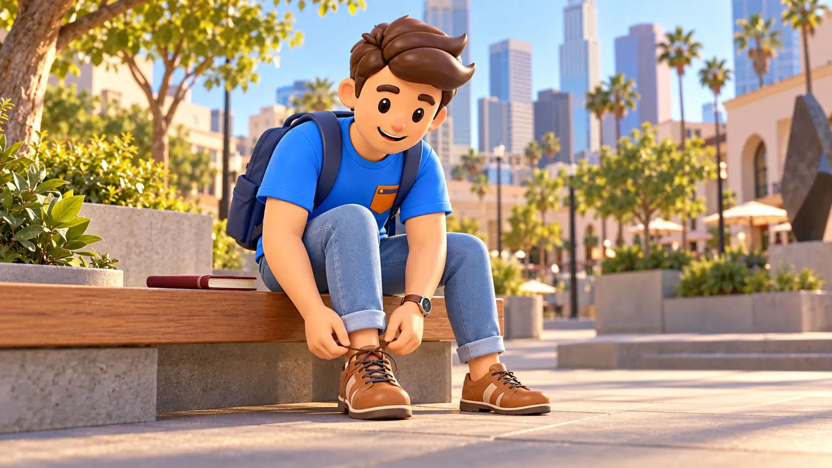 The traveler ties his shoelaces before a neighbourhood walk.