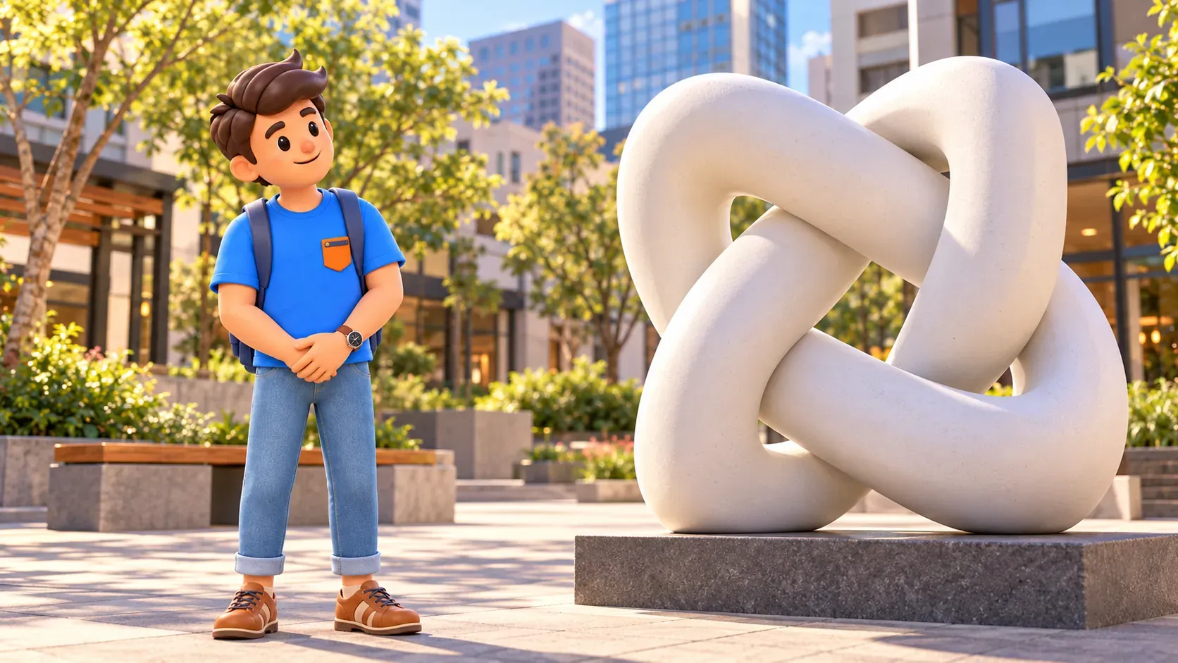 The traveler studies an interwoven white knot sculpture in an artistic illustration.